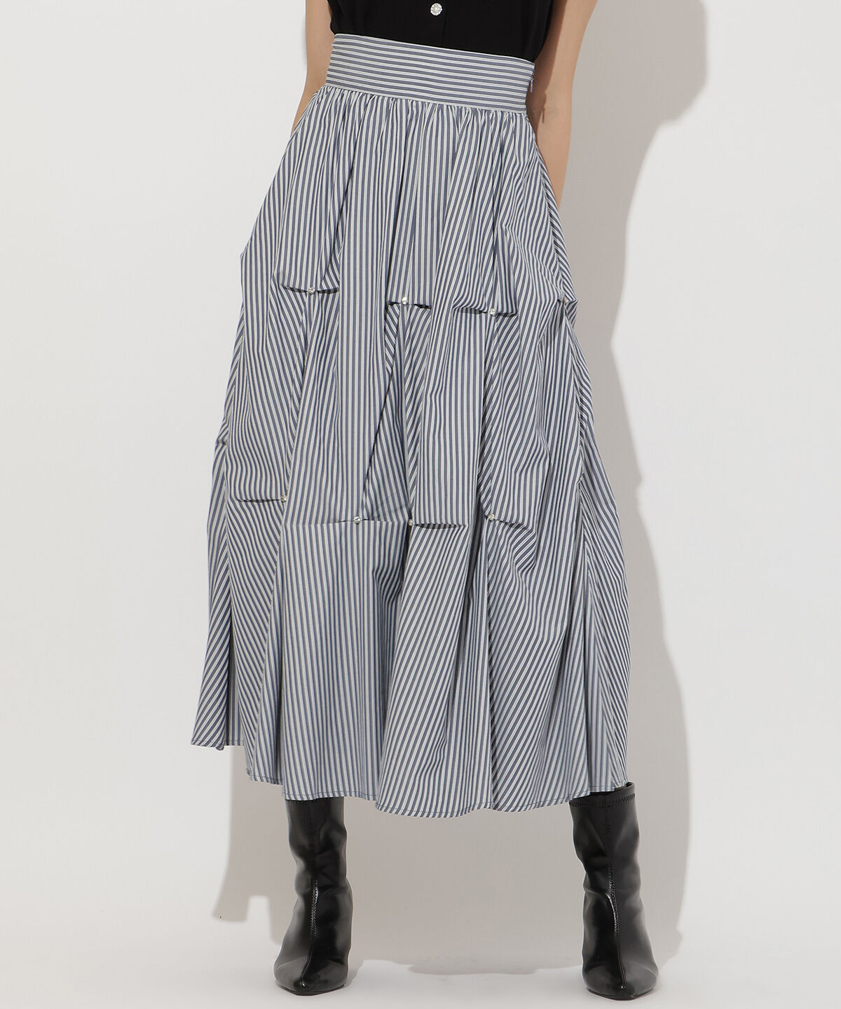 アンドクチュール「ストライプビジューティアードスカート」|フレア|