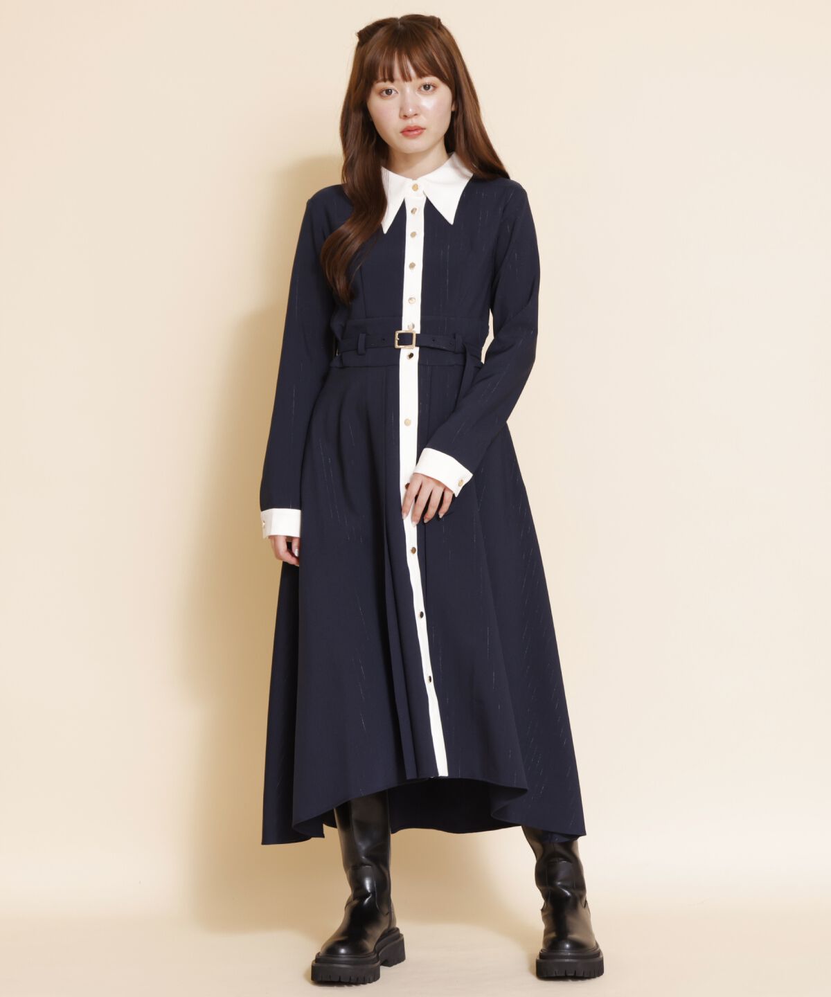 REDYAZEL「バイカラーフレアシャツワンピース」|ワンピース|ネイビー
