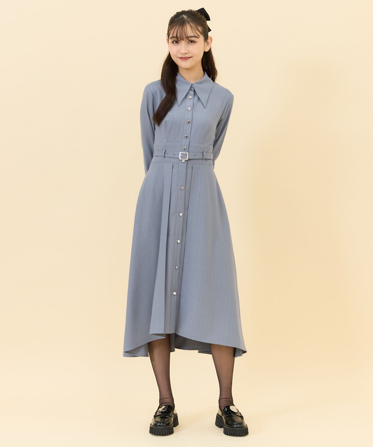 REDYAZEL「シャドーラメストライプシャツワンピース」|ワンピース|グレー