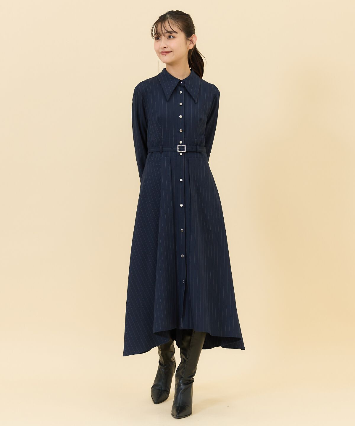 REDYAZEL「シャドーラメストライプシャツワンピース」|ワンピース|ネイビー