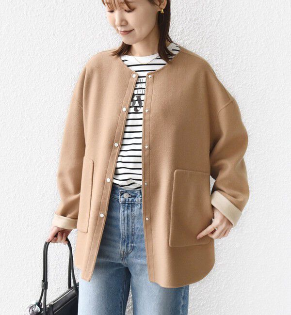 SHIPS for women「セミ 梳毛 配色 リバー ノーカラー コート」|ノーカラーコート|キャメル