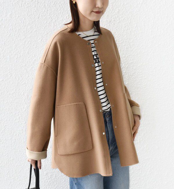 SHIPS for women「セミ 梳毛 配色 リバー ノーカラー コート」|ノーカラーコート|