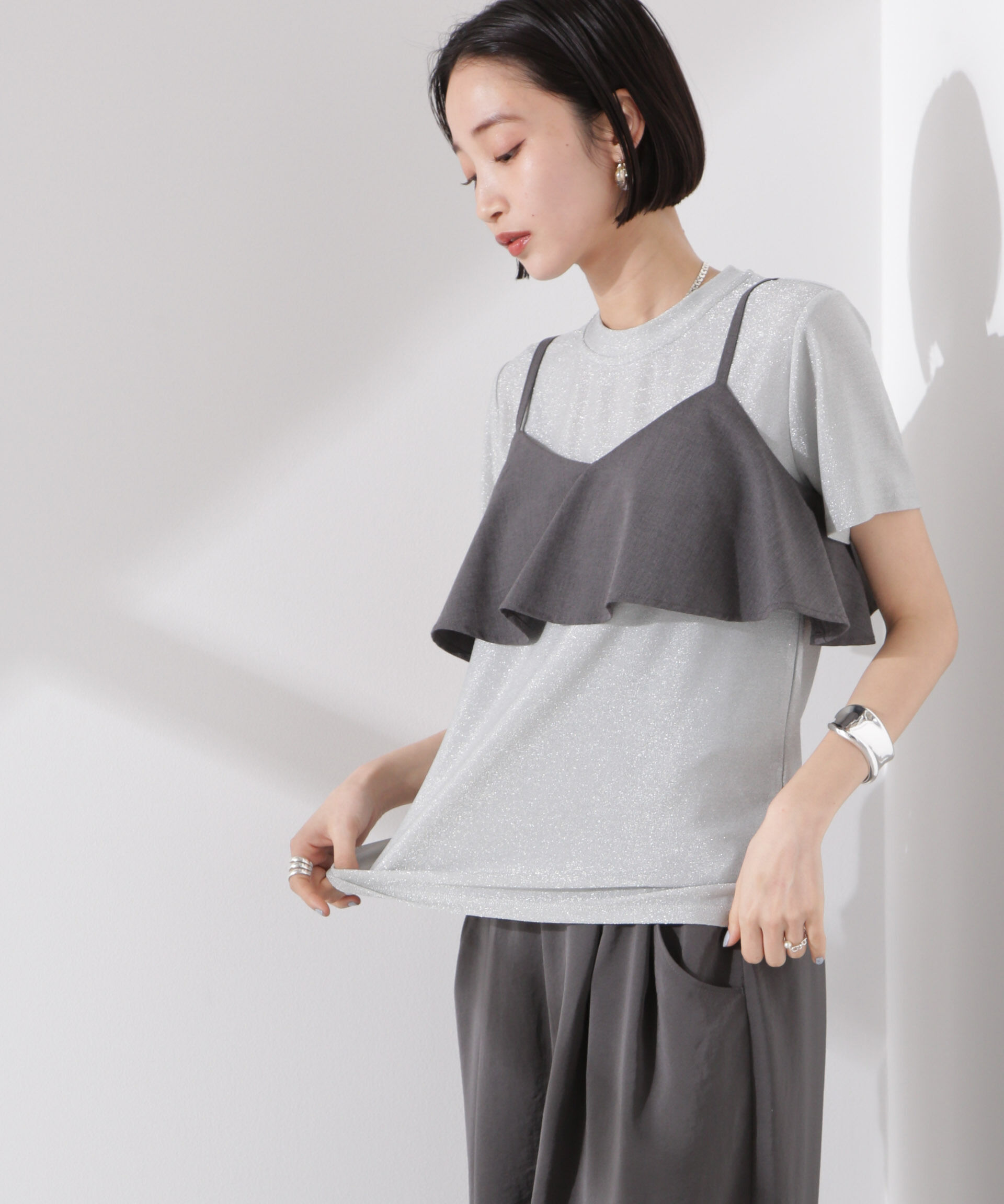 nano･universe「ラメカットクルーネックＴシャツ」|Tシャツ・カットソー|シルバー
