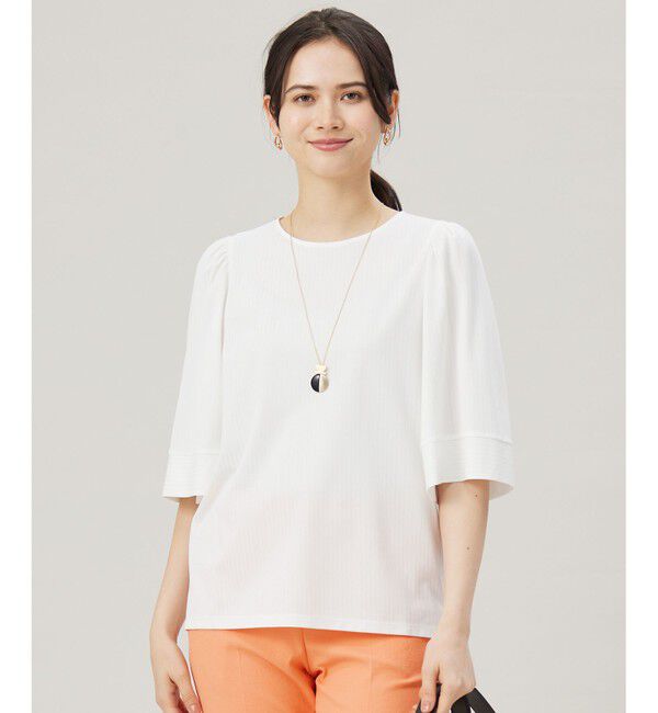 自由区「【接触冷感・UVカット・洗える】ストライプコットンハイゲージフレアスリーブ カットソー」|Tシャツ・カットソー|オフ