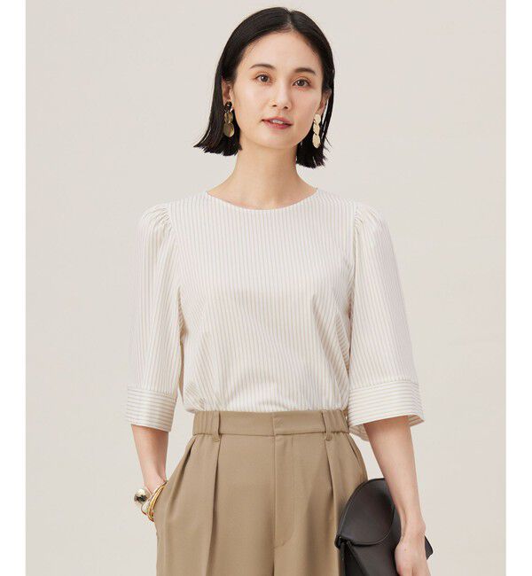 自由区「【接触冷感・UVカット・洗える】ストライプコットンハイゲージフレアスリーブ カットソー」|Tシャツ・カットソー|オフ&times;シナモン