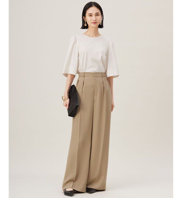 自由区「【接触冷感・UVカット・洗える】ストライプコットンハイゲージフレアスリーブ カットソー」|Tシャツ・カットソー|