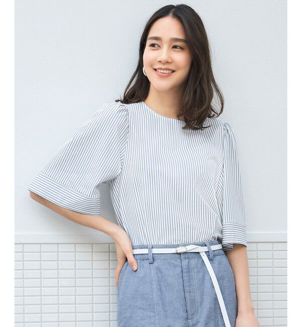 自由区「【接触冷感・UVカット・洗える】ストライプコットンハイゲージフレアスリーブ カットソー」|Tシャツ・カットソー|ｵﾌ&times;ﾌﾞﾙｰ