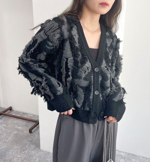 fredy emue「カットフリンジジャガード2WAY カーディガン」|ニット・セーター|グレー系その他