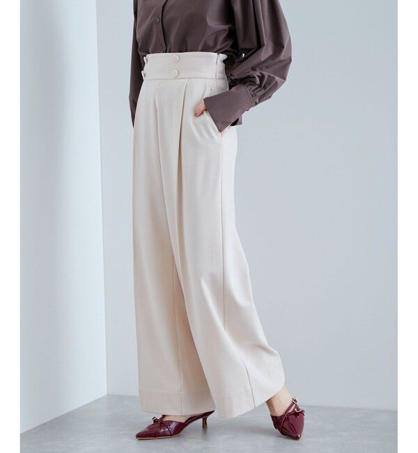 VIS「【美warm】ストレッチ釦付きワイドパンツ/スラックス【アンチピリング/防シワ/洗える】」|チノ|
