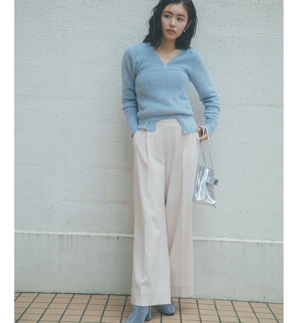 VIS「【美warm】ストレッチ釦付きワイドパンツ/スラックス【アンチピリング/防シワ/洗える】」|チノ|