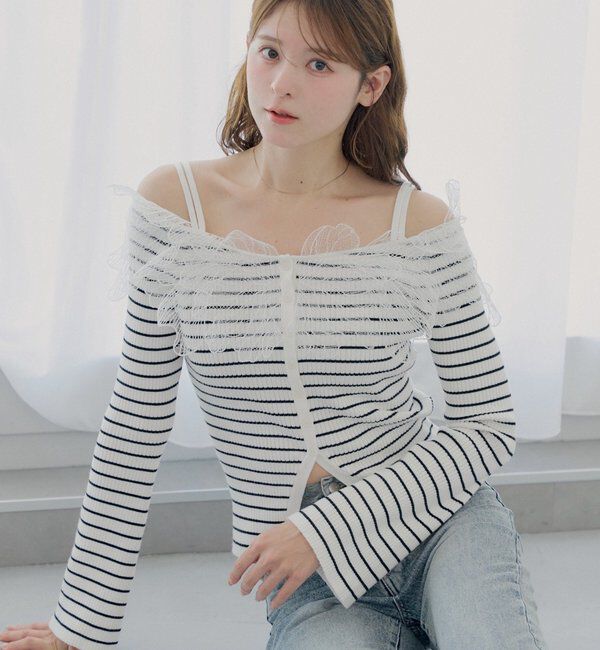  「【SALON by Chico】フラワーレースオフショルリブデザインニット」|カーディガン|ホワイトその他2