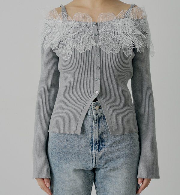  「【SALON by Chico】フラワーレースオフショルリブデザインニット」|カーディガン|