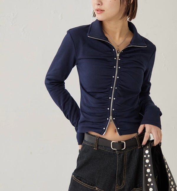  「STUDDED ZIP GATHERED TOP」|Tシャツ・カットソー|