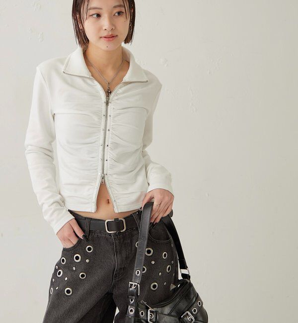  「STUDDED ZIP GATHERED TOP」|Tシャツ・カットソー|