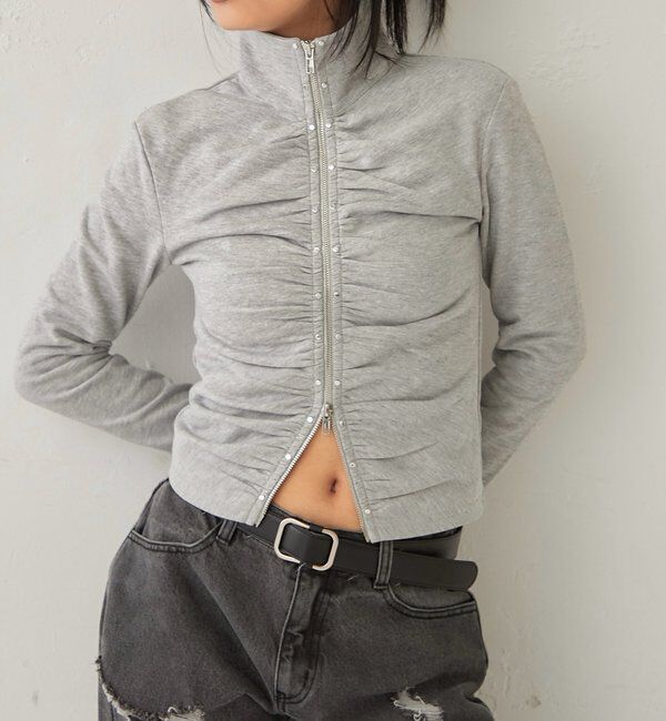  「STUDDED ZIP GATHERED TOP」|Tシャツ・カットソー|グレー