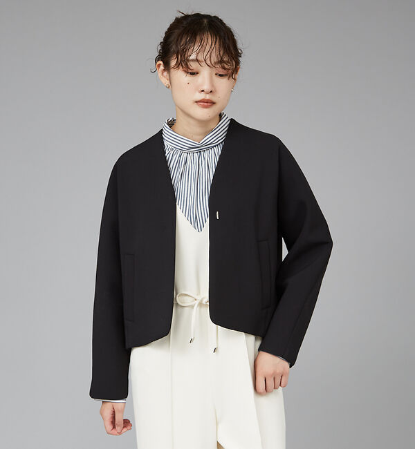 qualite「ボンディングショートコート」|ノーカラーコート|ブラック