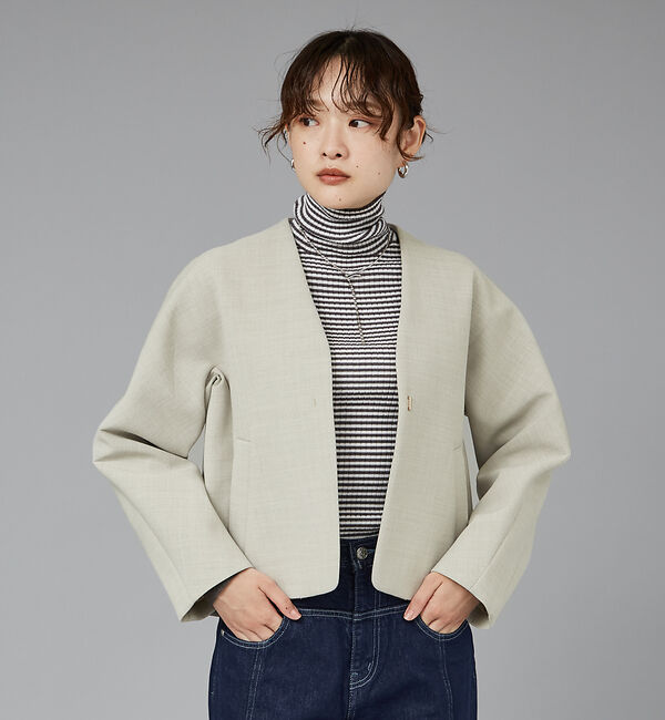 qualite「ボンディングショートコート」|ノーカラーコート|