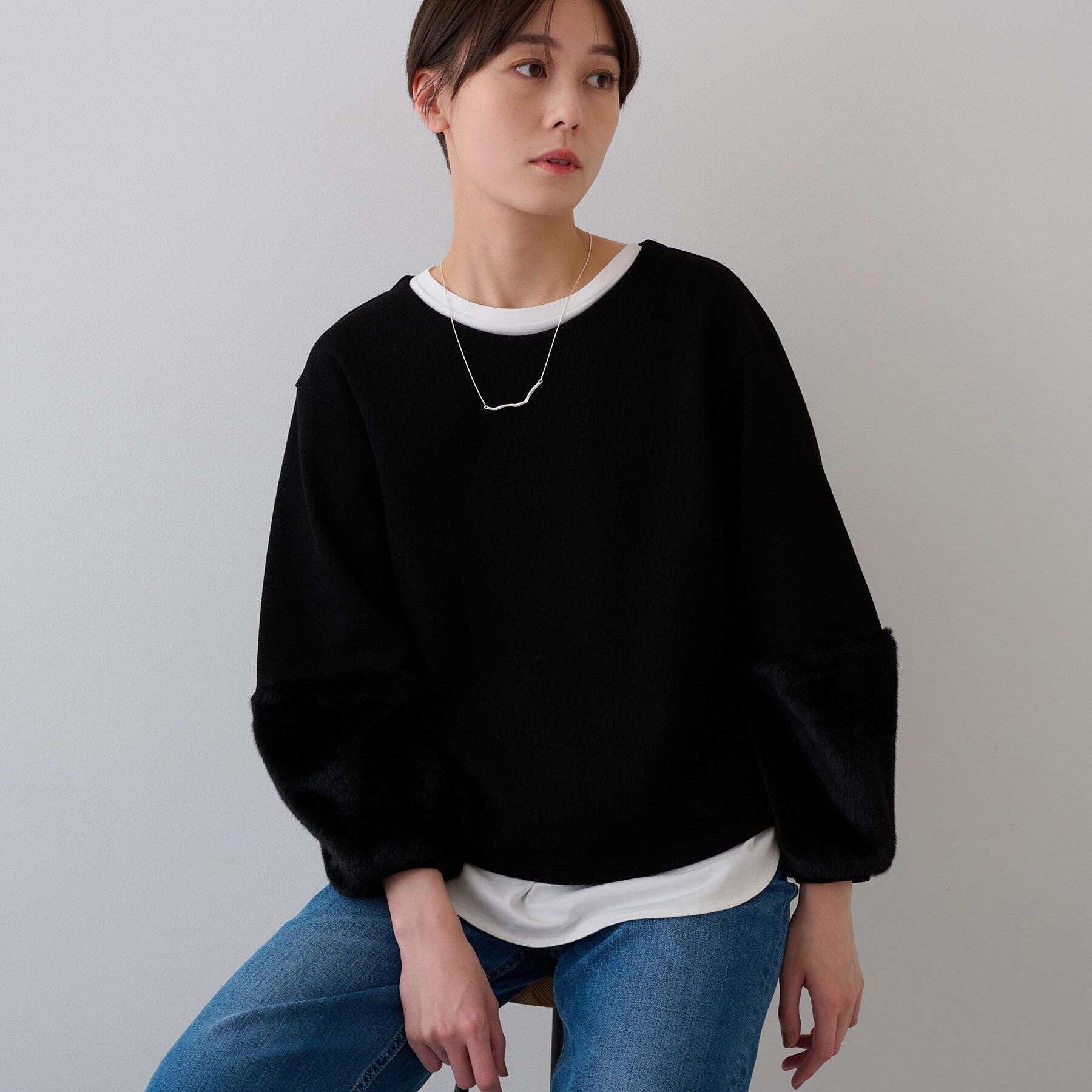 INDIVI「【洗える／UVケア／SETUP可能】メランジ調フェイクファー切り替えトップス」|Tシャツ・カットソー|ブラック(019)