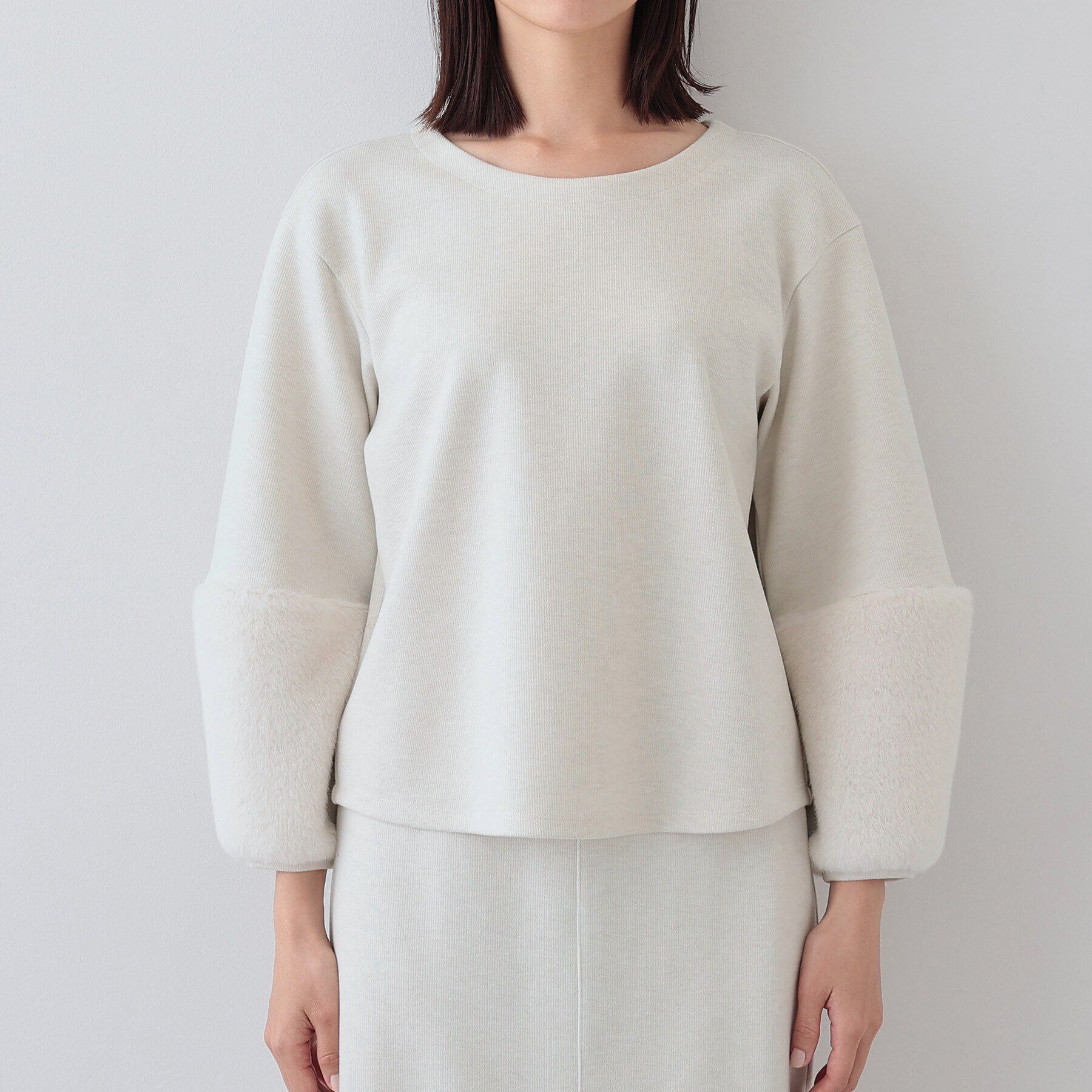 INDIVI「【洗える／UVケア／SETUP可能】メランジ調フェイクファー切り替えトップス」|Tシャツ・カットソー|