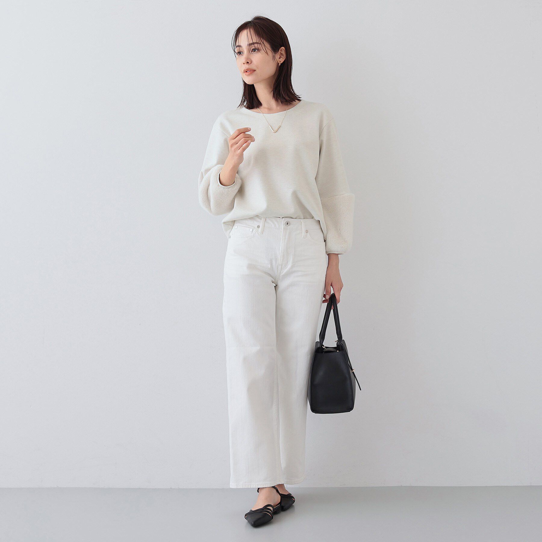 INDIVI「【洗える／UVケア／SETUP可能】メランジ調フェイクファー切り替えトップス」|Tシャツ・カットソー|