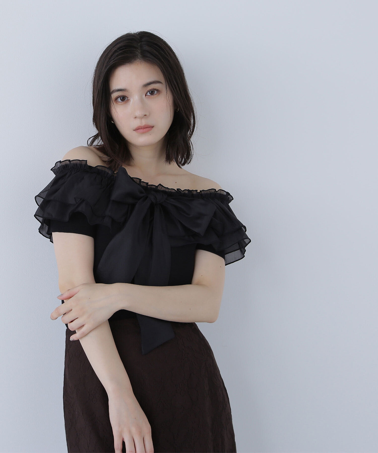  「オフショルフリルリボンニット」|ニット・セーター|ブラック