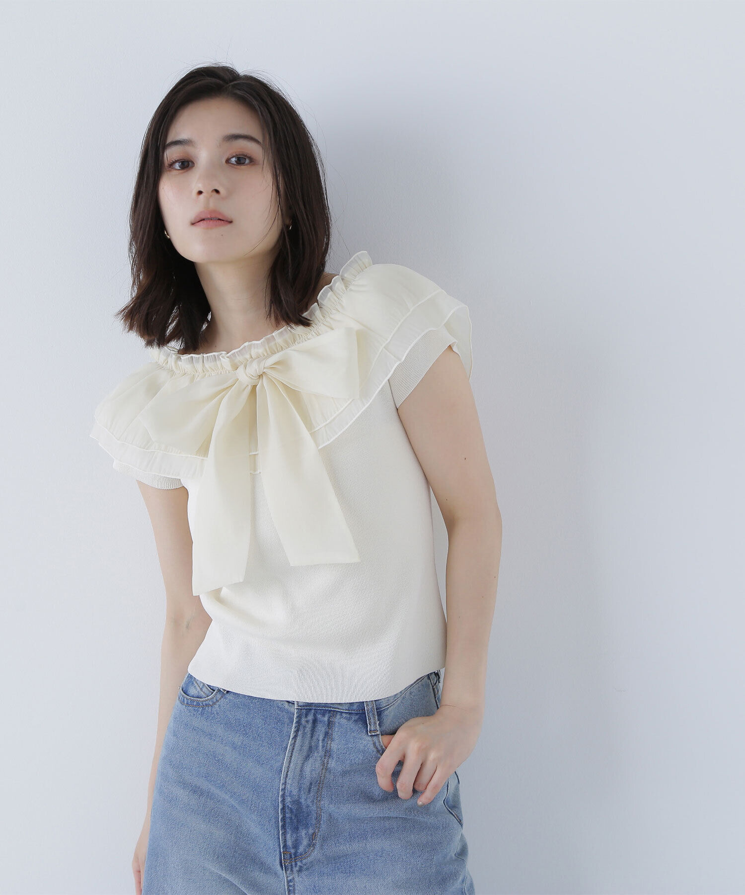  「オフショルフリルリボンニット」|ニット・セーター|