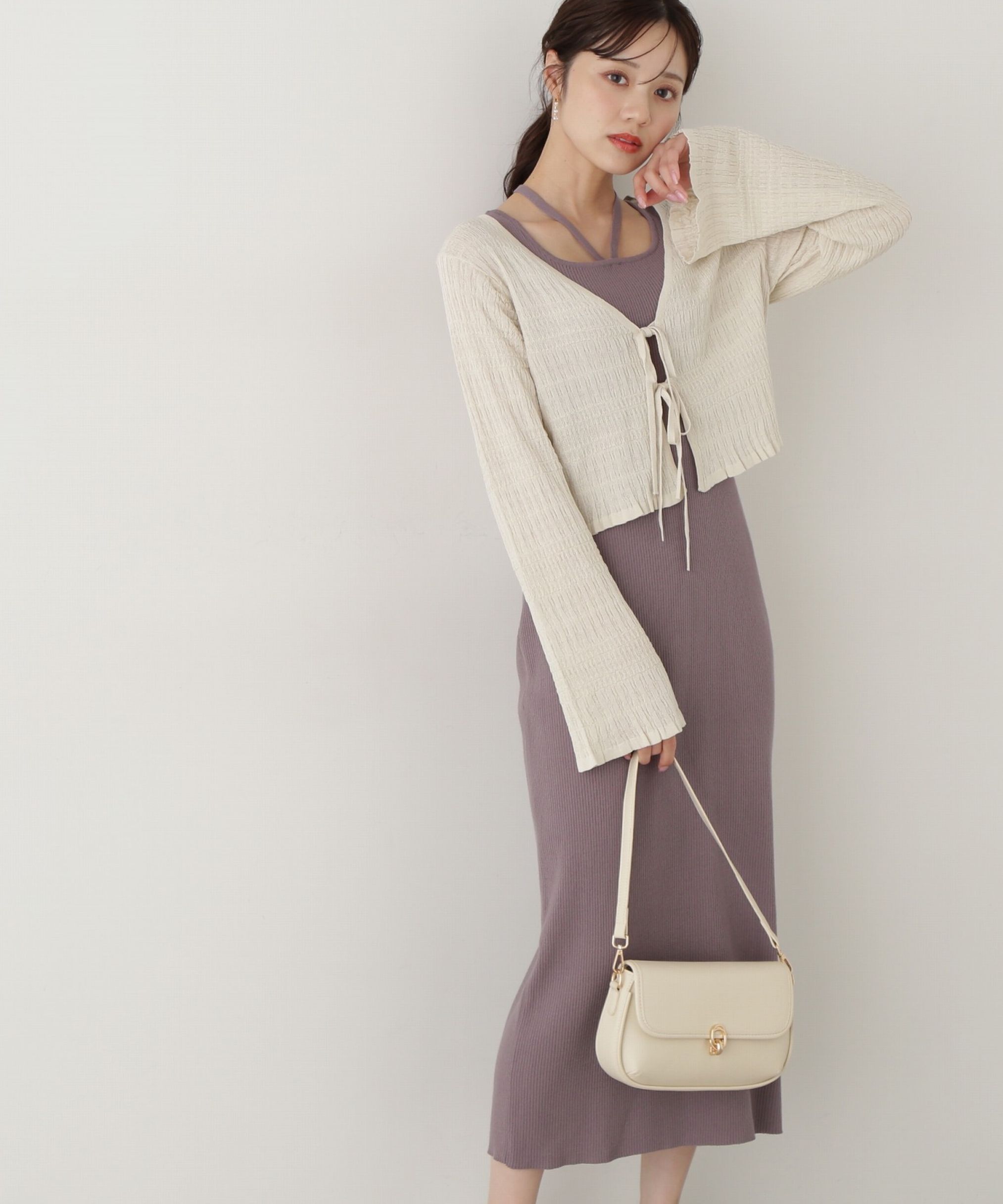 PROPORTION BODY DRESSING「《EDIT COLOGNE》シャーリング編みカーデセットニットワンピース」|ワンピース|エクリュ&times;チ  1