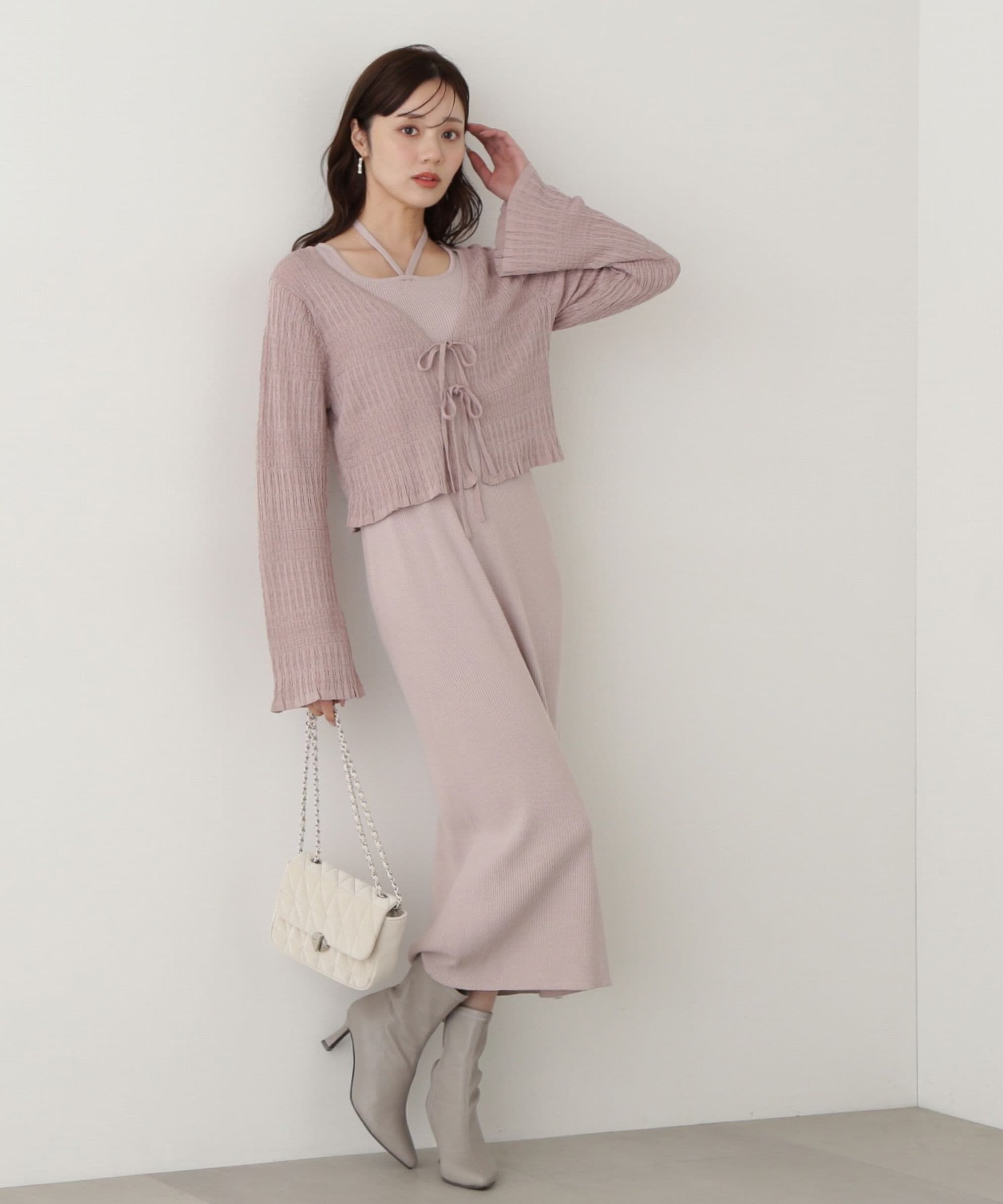 PROPORTION BODY DRESSING「《EDIT COLOGNE》シャーリング編みカーデセットニットワンピース」|ワンピース|ピンク&times;ピンク