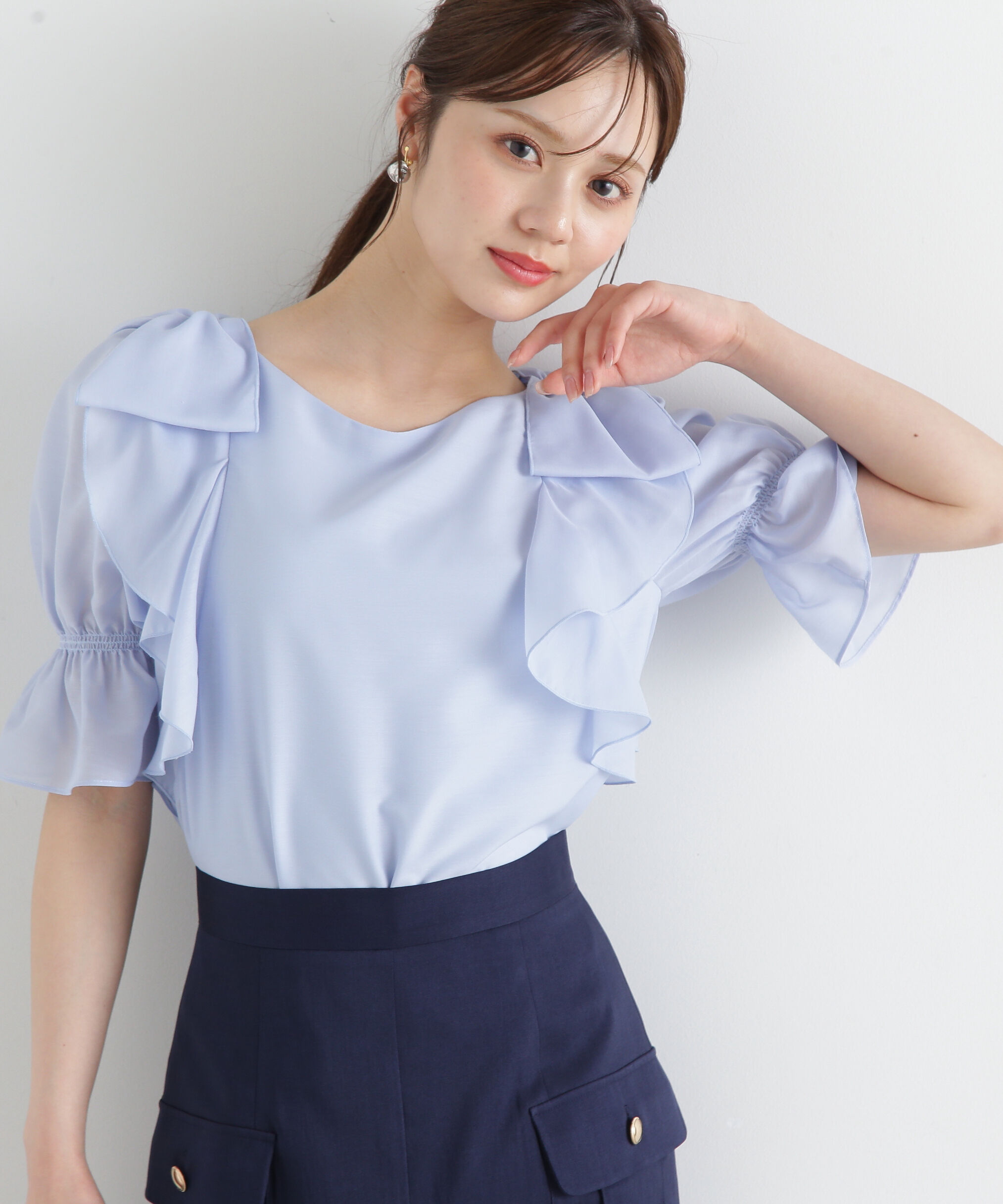 PROPORTION BODY DRESSING「リボンラッフルブラウス5分袖」|シャツ・ブラウス|ブルー