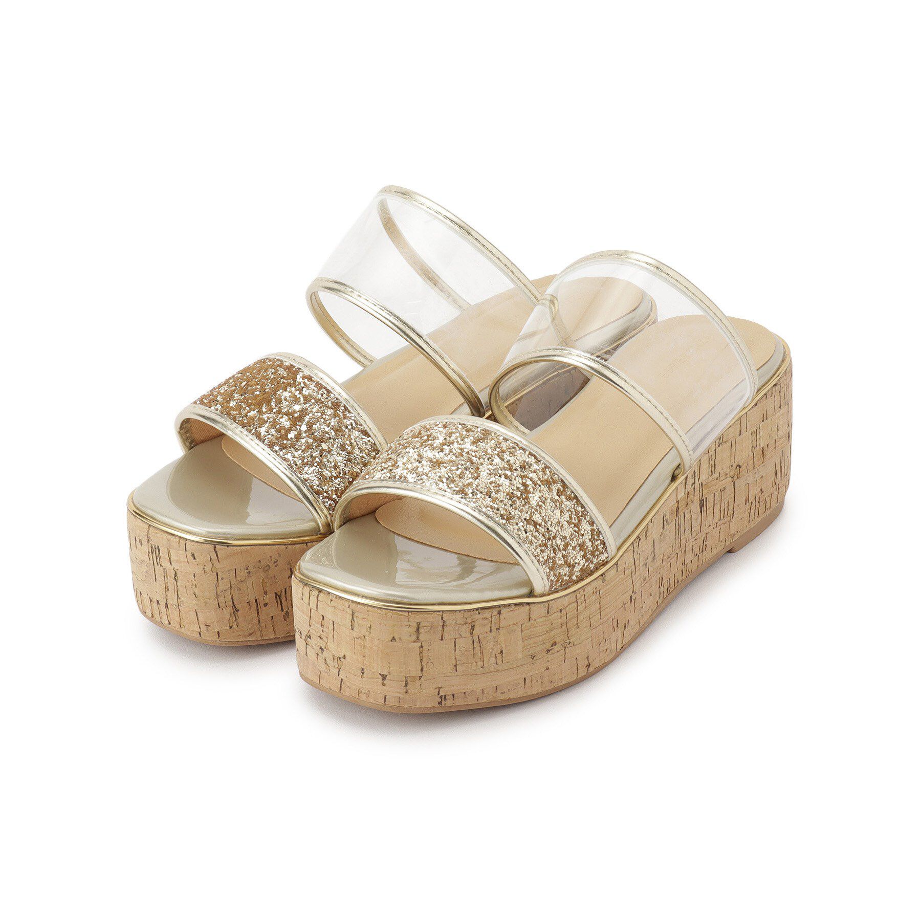 ESPERANZA「グリッター&times;クリアベルト 厚底コルクサンダル」|サンダル|ゴールド(008)