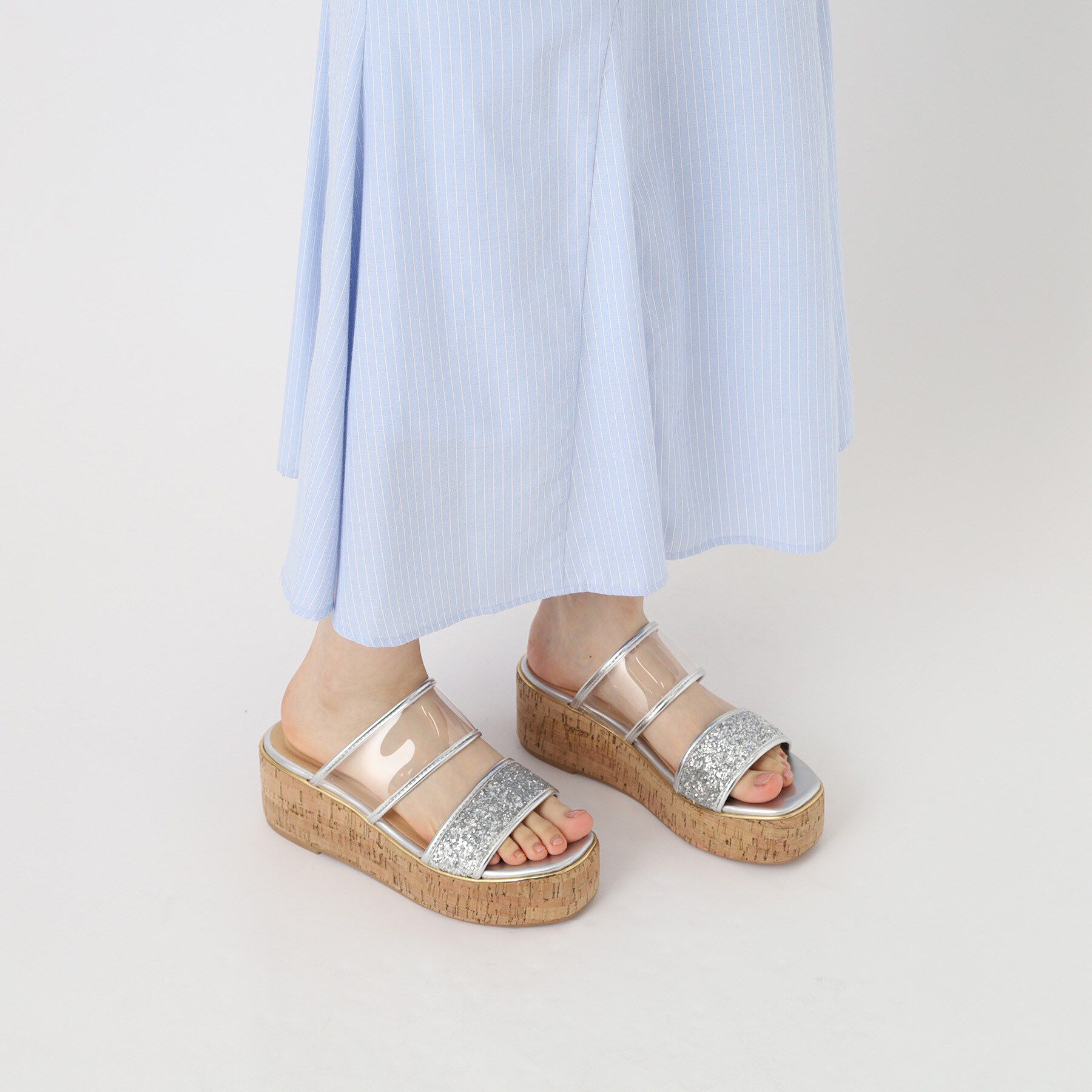 ESPERANZA「グリッター&times;クリアベルト 厚底コルクサンダル」|サンダル|