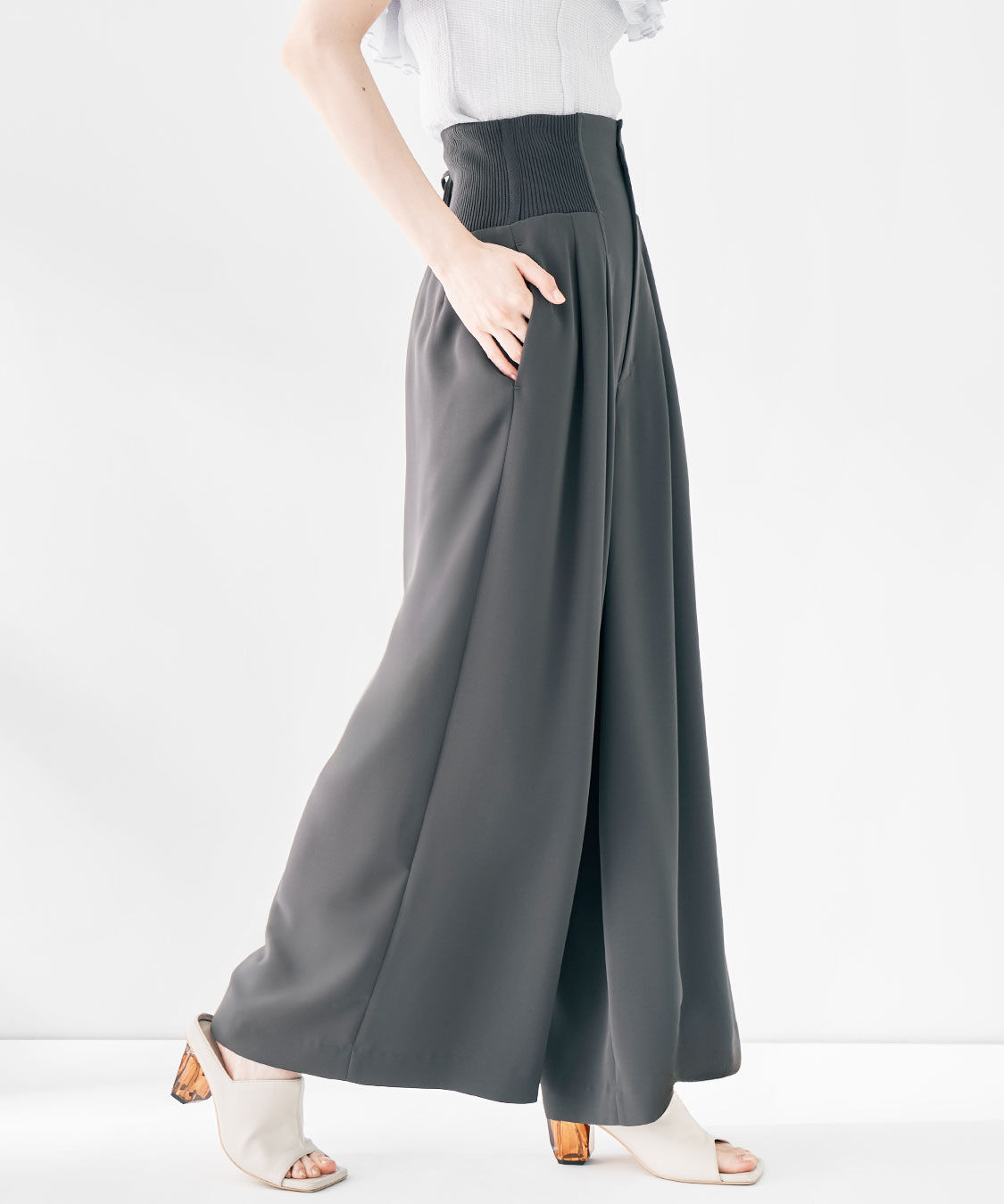 COCO DEAL「コルセットリブワイドパンツ」|スラックス|