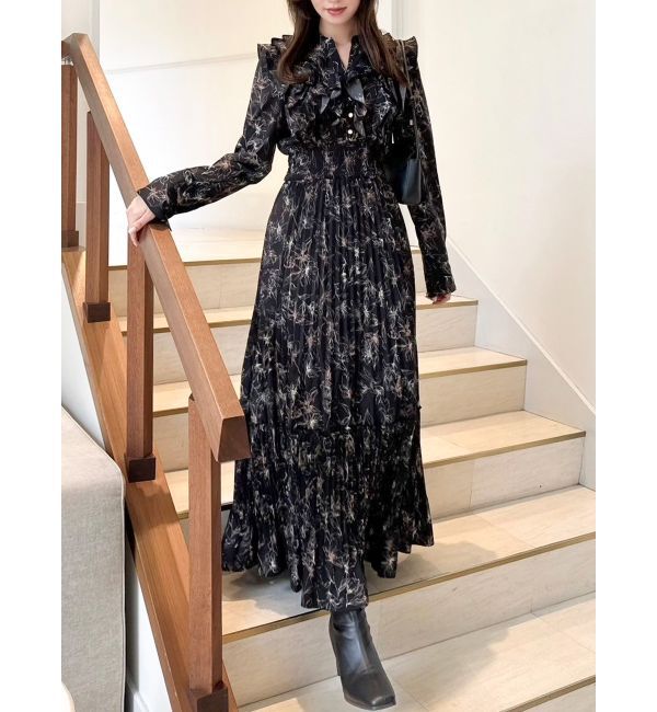 dazzlin「フラワープリーツワンピース」|ワンピース|ブラック