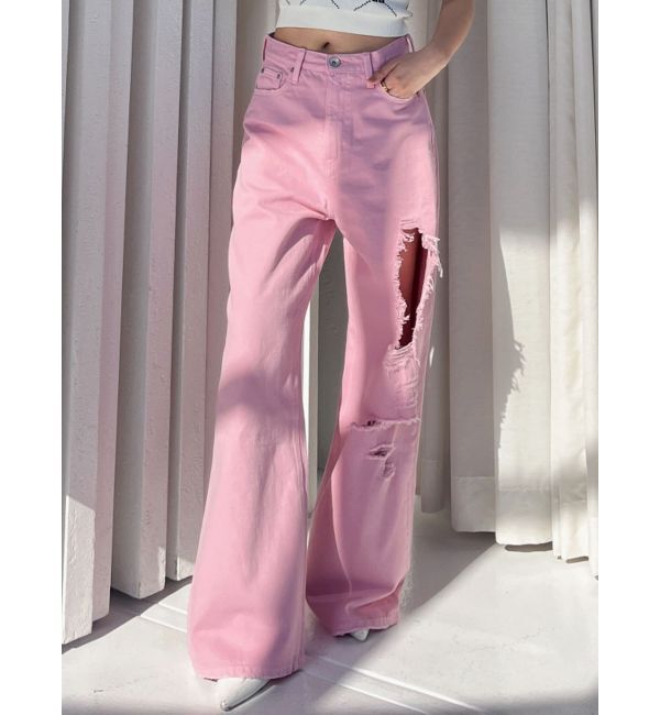 GYDA「ハイウエストRIPPERSワイドパンツ」|デニム|ピンク