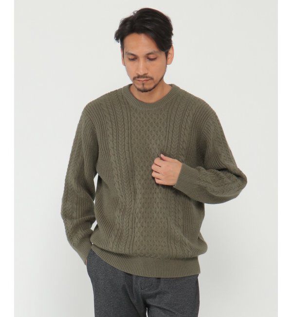 ikka「アラン柄ケーブルECOニット 2」|プルオーバー|オリーブ