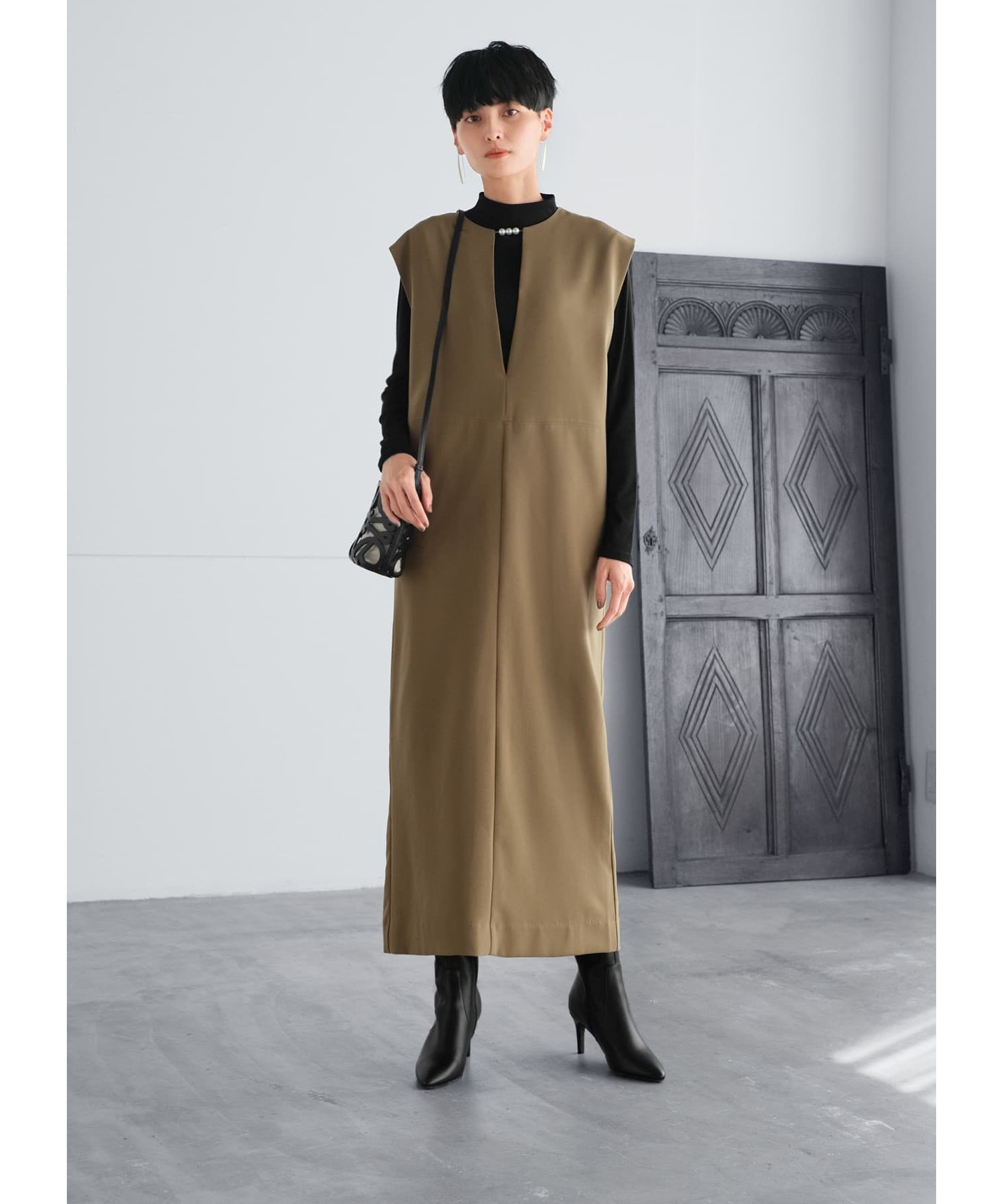 STYLE DELI「パールポイントジャンパースカート」|ジャンパースカート|カーキベージュ