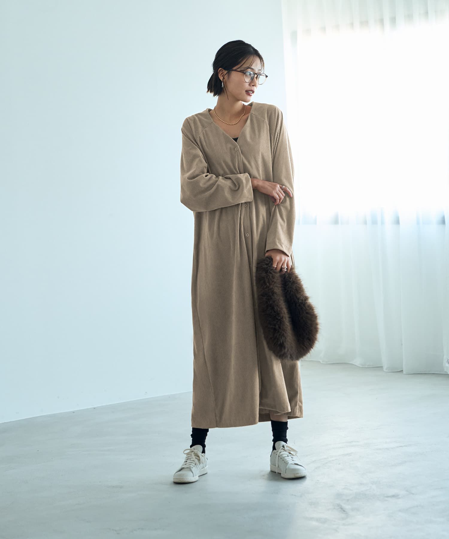STYLE DELI「ライトコーデュロイVネックワンピース」|ワンピース|ベージュ