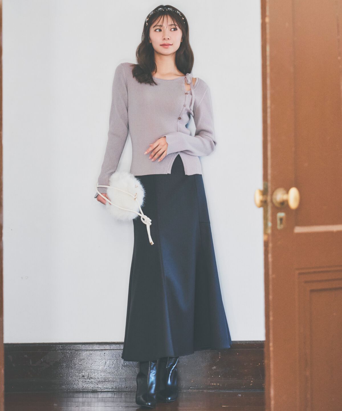 アンドクチュール「アシメリボンスリットプルオーバー」|ニット・セーター|