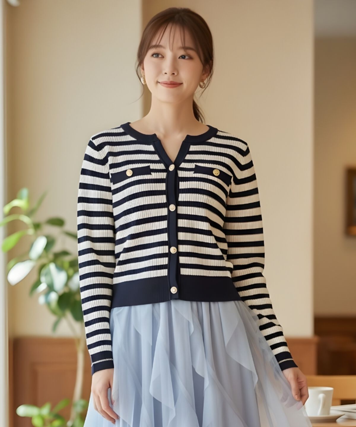 アンドクチュール「ラメボーダーニットカーディガン」|カーディガン|Navy/borderｽﾄﾗｲﾌﾟ