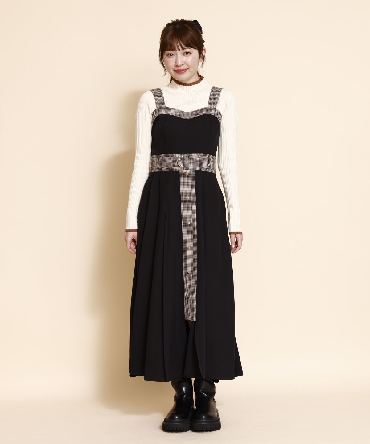 REDYAZEL「チェックバイカラービスチェワンピース」|ワンピース|ブラック