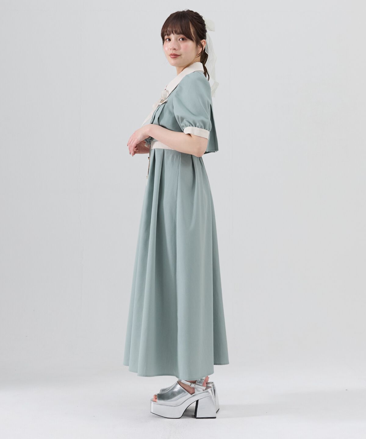 REDYAZEL「バイカラータックプリーツ半袖シャツワンピース」|ワンピース|