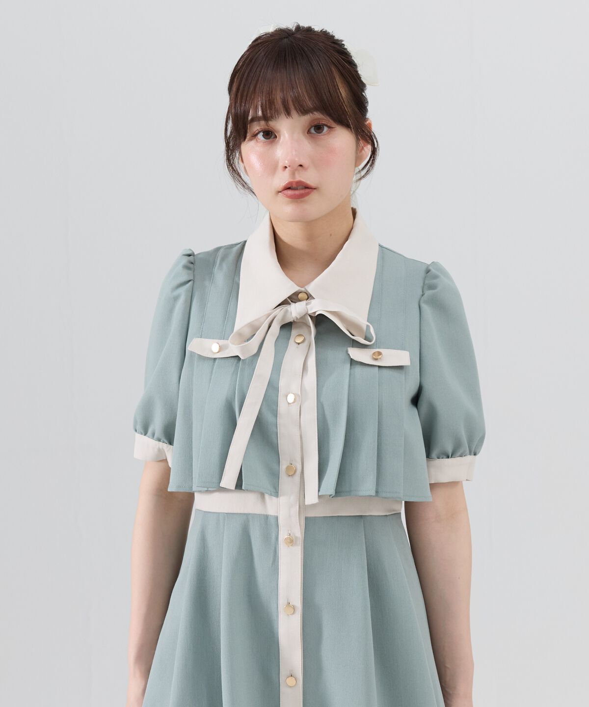 REDYAZEL「バイカラータックプリーツ半袖シャツワンピース」|ワンピース|