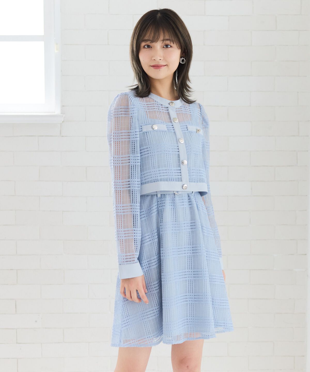 REDYAZEL「シアーチェックカーディガン＆ビスチェワンピースセット」|ワンピース|サックス