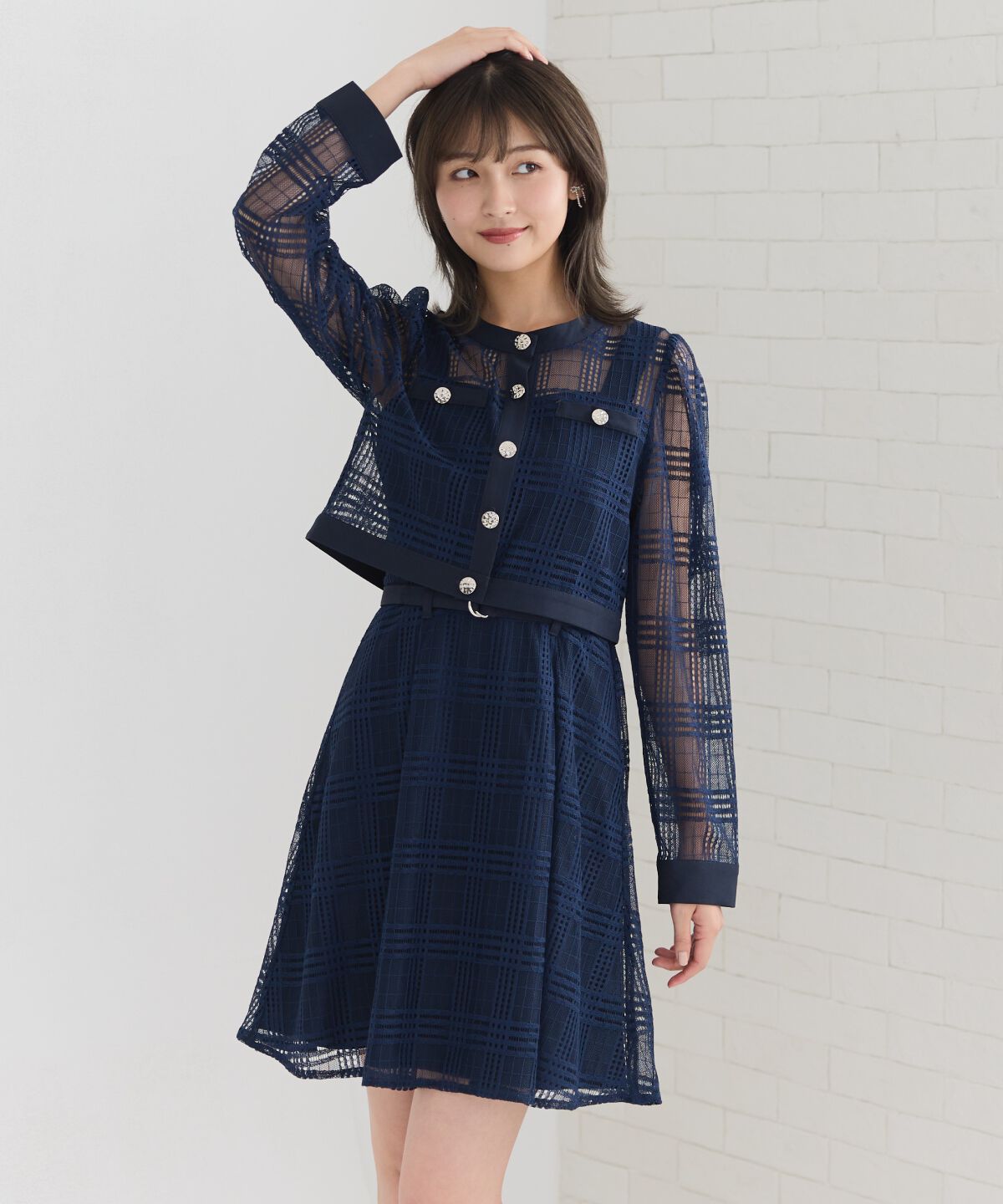 REDYAZEL「シアーチェックカーディガン＆ビスチェワンピースセット」|ワンピース|ネイビー