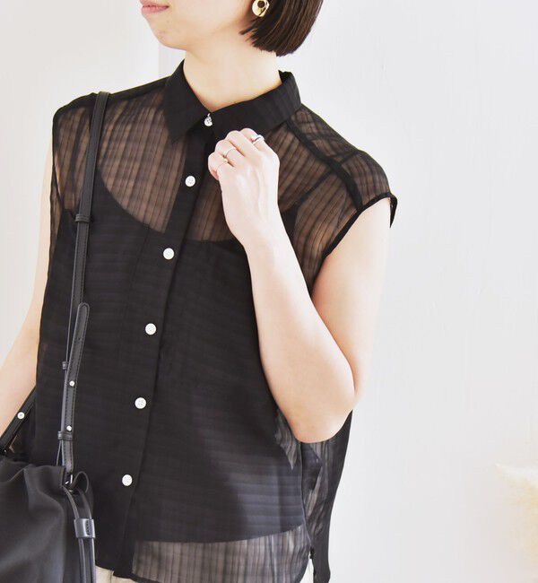 quaranciel「quaranciel:〈手洗い可能〉シアー チェック ノースリーブ シャツ」|シャツ・ブラウス|ブラック