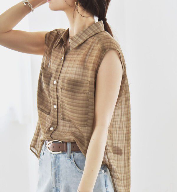 quaranciel「quaranciel:〈手洗い可能〉シアー チェック ノースリーブ シャツ」|シャツ・ブラウス|カーキ