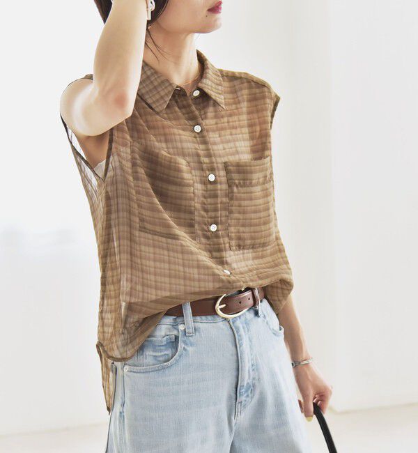 quaranciel「quaranciel:〈手洗い可能〉シアー チェック ノースリーブ シャツ」|シャツ・ブラウス|
