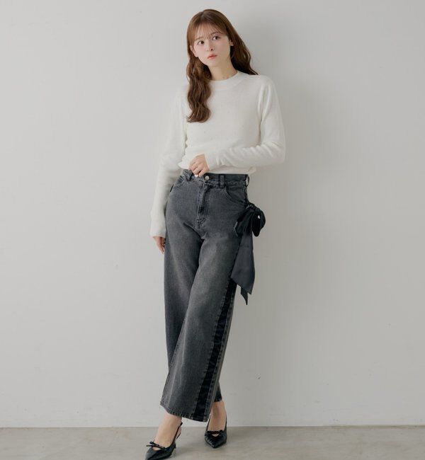  「【SALON by Chico】ラインストーンバック開きリボンニット」|ニット・セーター|