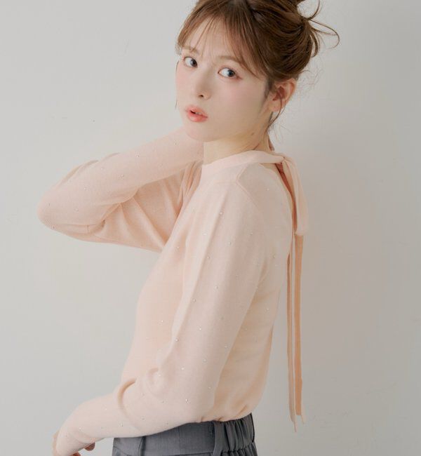  「【SALON by Chico】ラインストーンバック開きリボンニット」|ニット・セーター|