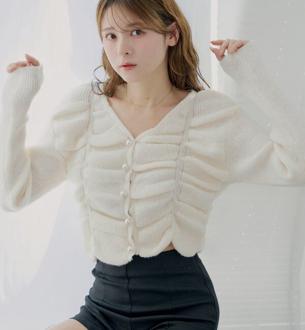  「【SALON by Chico】フロントギャザータックニットトップス」|カーディガン|